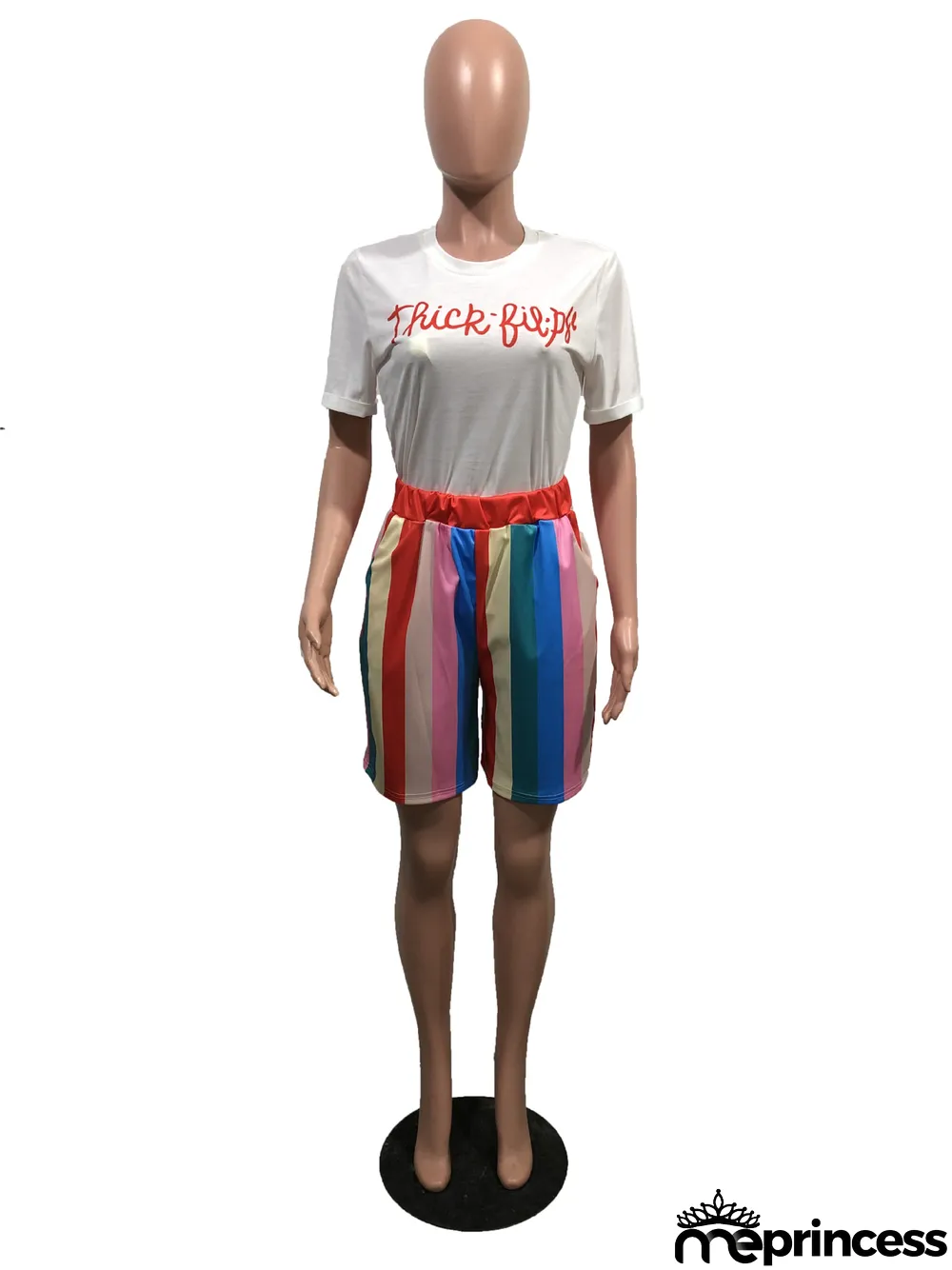 Casual Print T Shirt And Stripe Shorts Two Piece Set