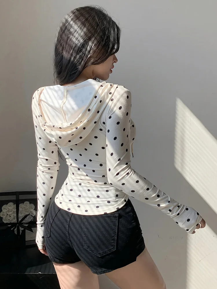 Women's Y2k Streetwear Hoodie - Cropped Fit Long Sleeve Sweatshirt With Zipper Front, Stretchy Beige & Black Polka Dot Outer Layer For Casual Outfits, Parties, Casual Attire - Machine Washable Trendy Pullover, Cute Hoodies, Party Attire