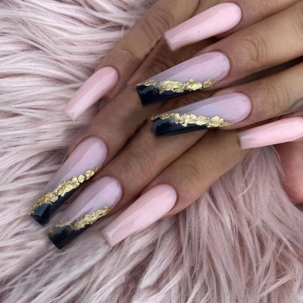 24pcs Long Coffin False Nails Wearable Ballerina Fake Nails Orange gradient gold foil nails Full Cover Nail Tips Press On Nails-Nail Inspo