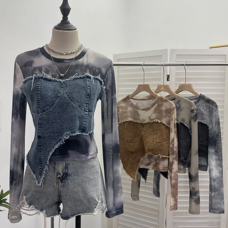 Uveng Vintage Dye Mesh Spliced Denim Shoulder Long-Sleeved T-Shirt T-Shirt T-Shirt Dress 2617