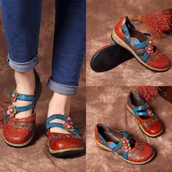 Retro England Floral Leather Stitching Sandals Stripes Wedges Flat Shoes Casual Shoes - Shop Trendy Women's Clothing | LoverChic