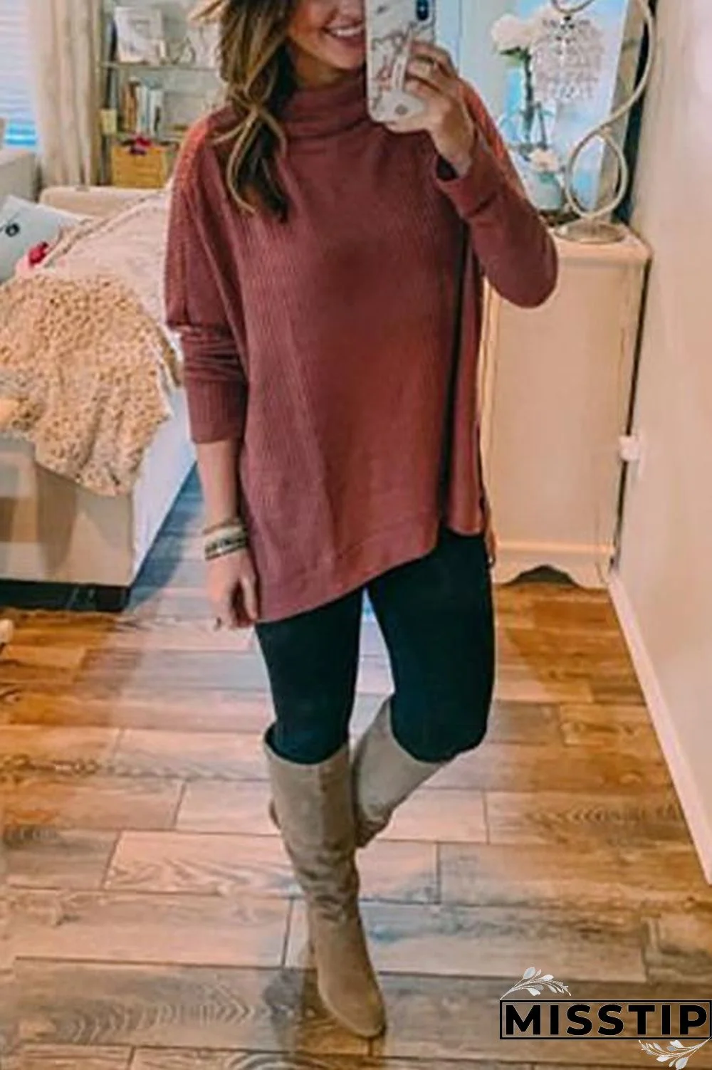 Cowl Neck Slit Sweater
