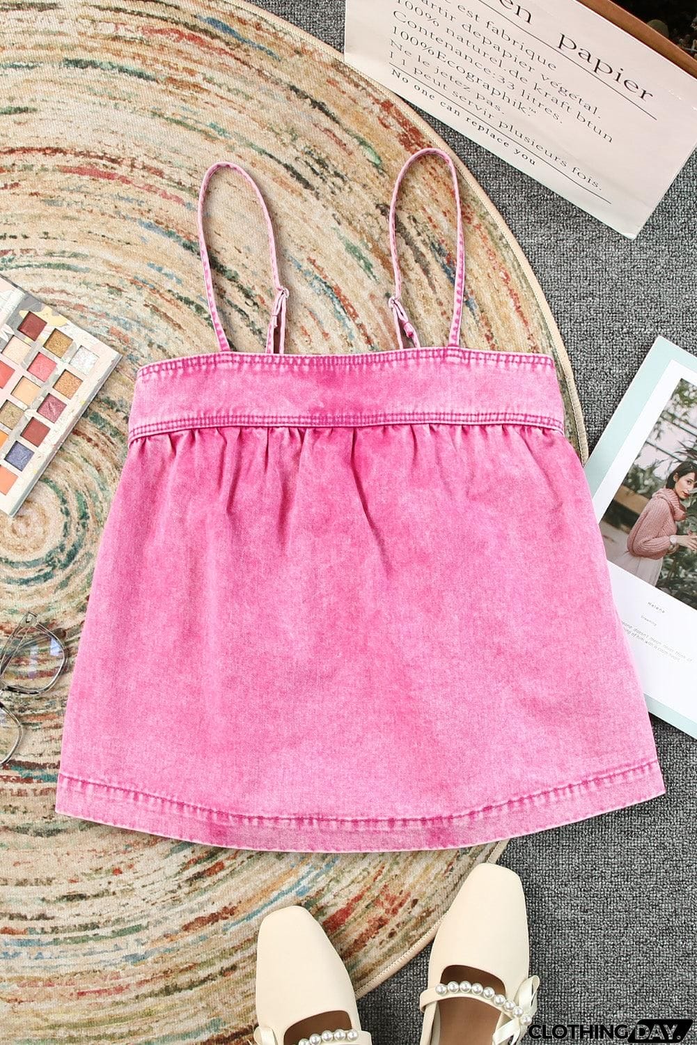 Smocked Adjustable Strap Denim Cami Top