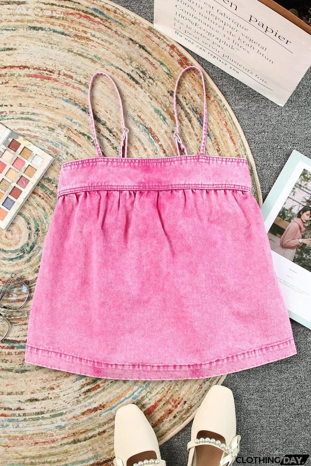 Smocked Adjustable Strap Denim Cami Top