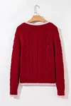 Women's Warm Red Round Neck Cable Knit Buttoned Cardigan Coat 