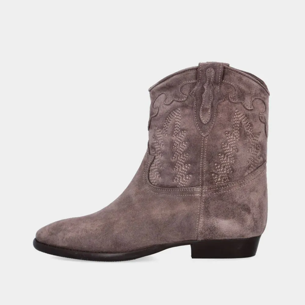 Taupe Round Toe Low Block Heel Embroidered Ankle Cowgirl Boots