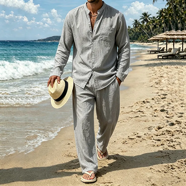 Leisure Solid Color Cotton Linen Pocket Shirt And Pants Two Piece Set