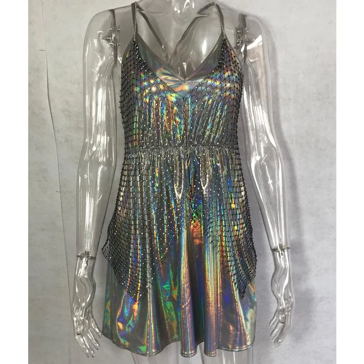 Grid flash diamond sexy suspender backless evening dress-zachics