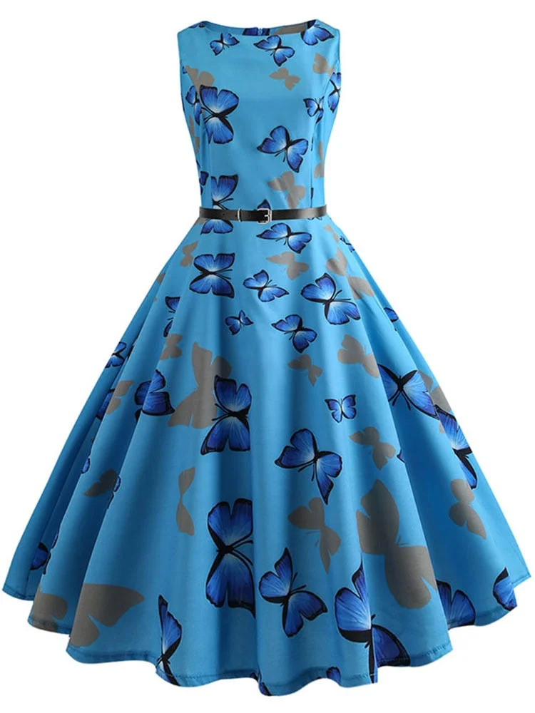 Floral Print Vintage Dress Women  Summer Pin Up Elegant Party Rockbility Robe  A-Line Office Sundress Vestidos