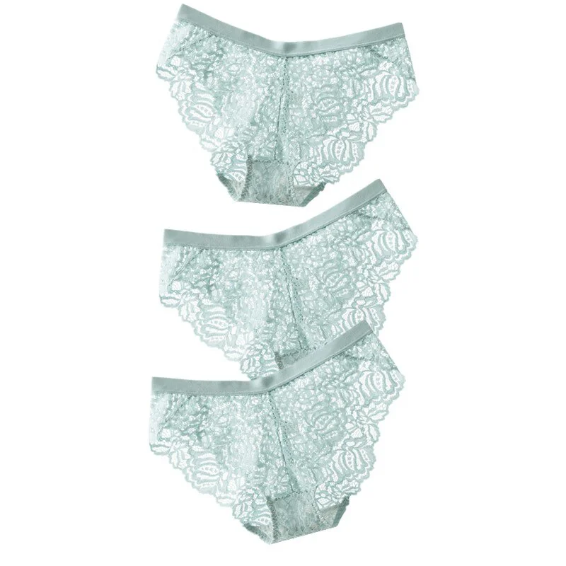 3PCS Sexy Lace Panties Soft Breathable Briefs Women Underwear Ladies Panty Transparent Tempting Low-Rise Cotton Lingerie Solid