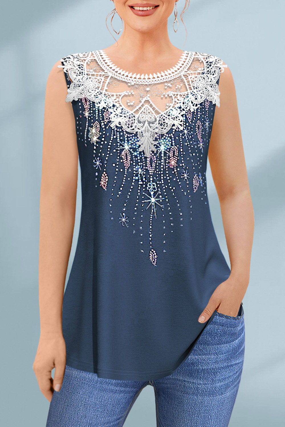 Flycurvy Plus Size Casual Navy Blue Lace Panel Sparkly Tank Top 2024 - Flycurvy 