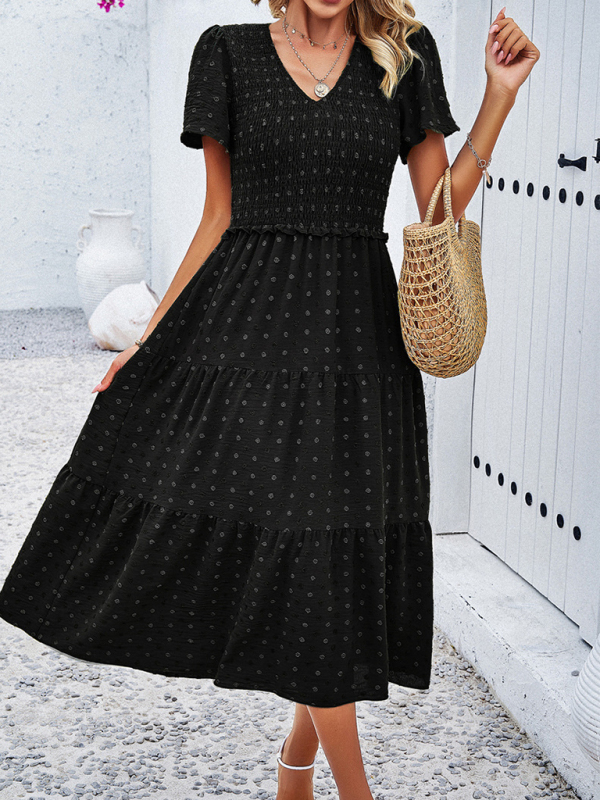 Mature Women Casual Summer Solid Color V-neck Polka Dot Short-sleeved Dress