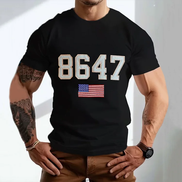 VChics Men's Retro With America Flag Printed Casual Round Neck T-shirt