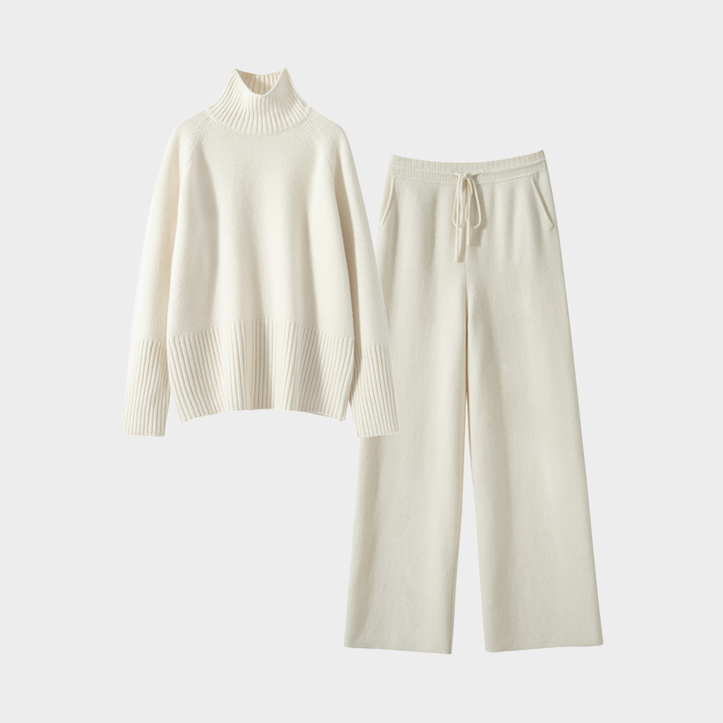 Women's Off-White Cashmere Turtleneck Sweater and Wide-Leg Stretch Pants Set | Casual Outfit REAL SILK LIFE
