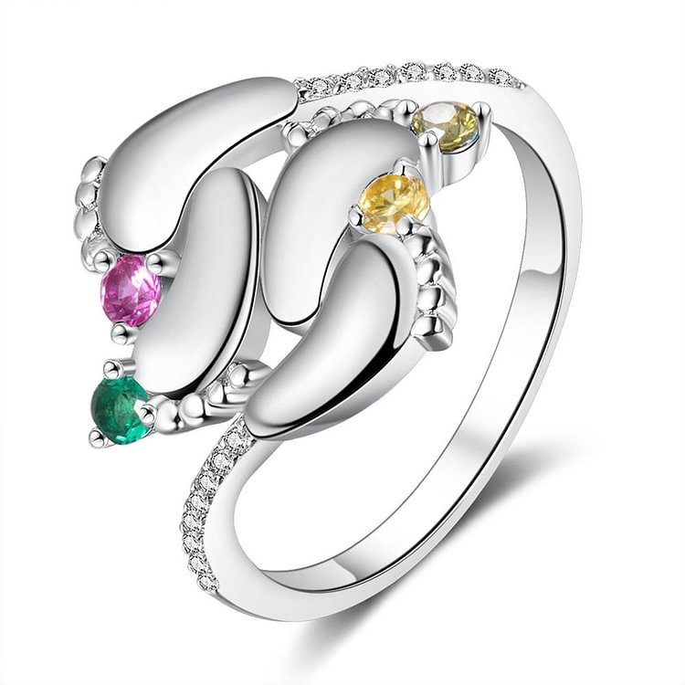 Anillo de pies de bebé con 4 nombres grabado personalizados 4 piedras de nacimiento huella