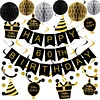 Birthday Decorations, Happy Birthday Banner with Honeycomb Ball, Gift Hanging Swirl Streamer, Circle Dot Garland - Happy Birthday Party Decorations for Men Women Boys Girls (Black & Gold, 60th)