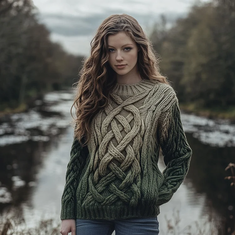 Women's Celtic Knot Art Knit Jacquard Crew Neck Sweater