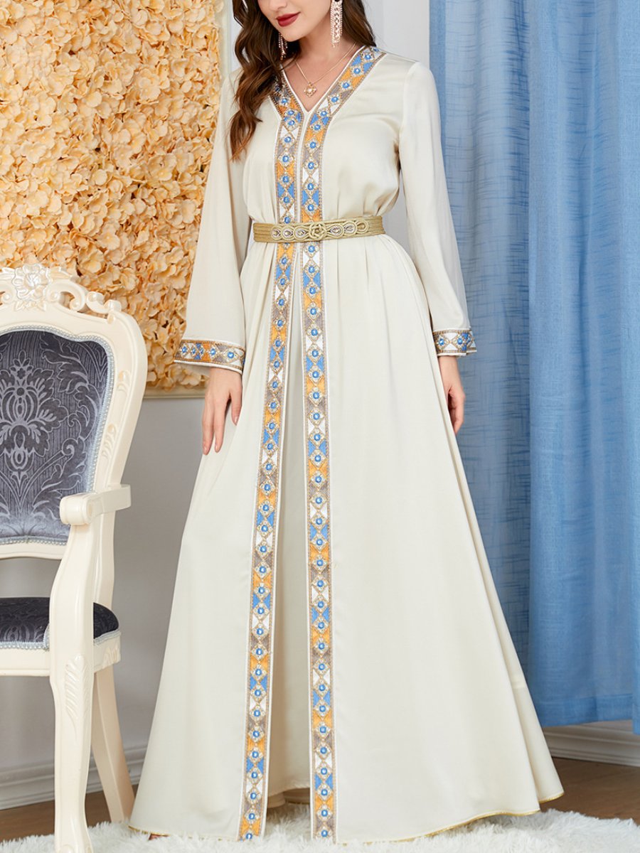 Arab National Pattern V Neck Long Sleeve Dress and Outerwear Set | Oxredo Shop Ramadan Sale