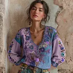 Women's Bohemian Floral Embroidery Art V-neck Contrast Color Long Sleeve Linen Blend T-shirt - Image 4