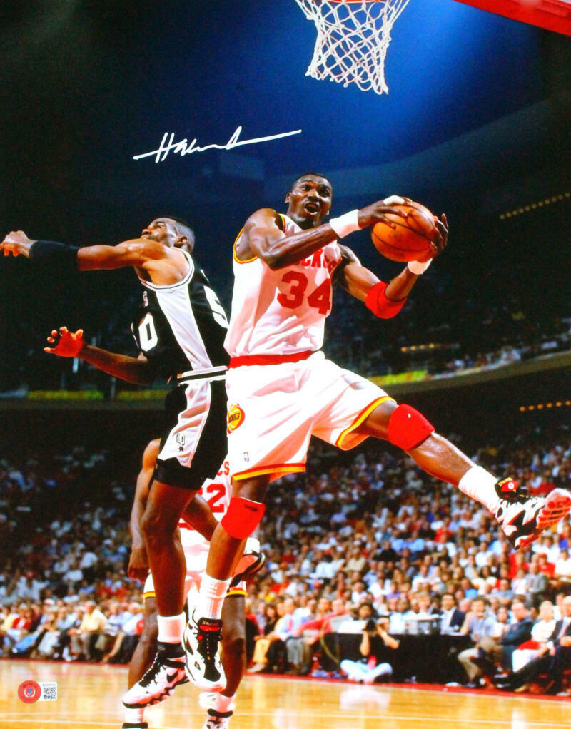 Hakeem Olajuwon Signed Rockets 16x20 Rebound Against Robinson Photo Poster painting- Beckett*Wte