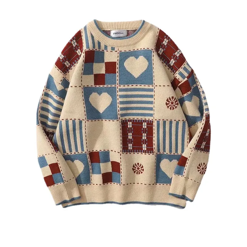 Churchf Churchf Sweater Adds Thick Splicing Love Sweater Female Loose Outside Wear Autumn Winter New Style Vintage Jacquard Casual Sweater