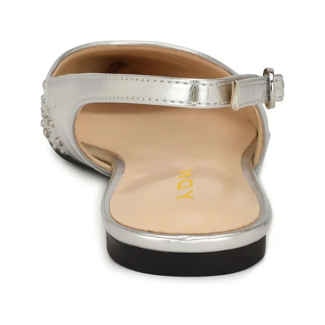 Silver Vegan Leather Slingback Pointed Toe Studded Flat Shoes Women