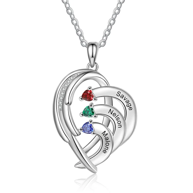 Personalized Heart Wing Necklace Custom 3 Birthstones for Family