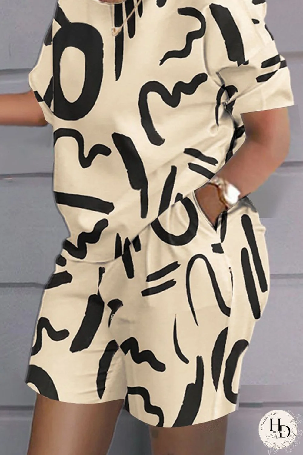 Grey Black Casual Print Patchwork O Neck Short Sleeve Two Pieces