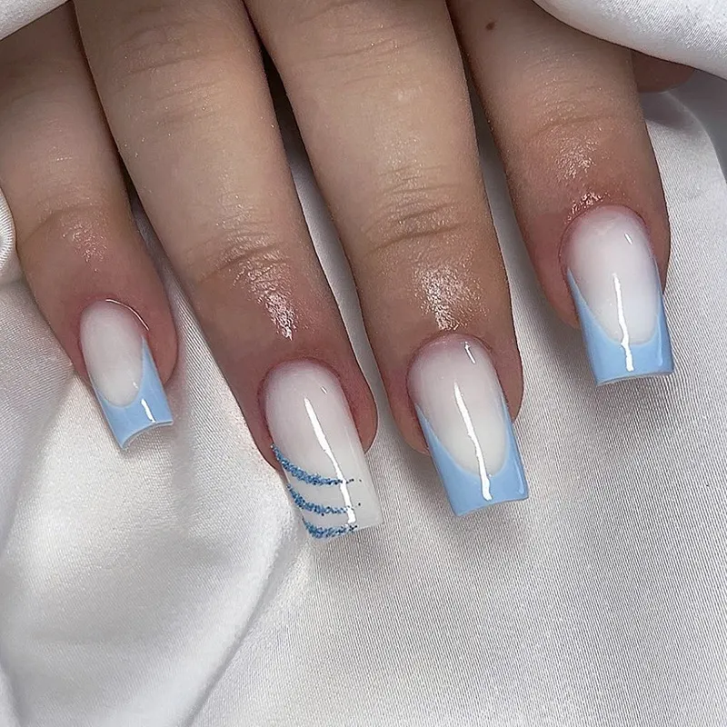 Churchf Churchf Small And Fresh Sky Blue French Nail Tink Flash Powder Embellished Shiny Playful Wearing 24 Pieces