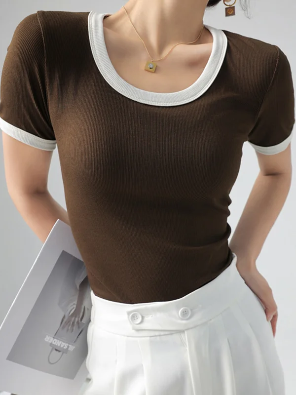 Contrast Color Skinny Short Sleeves Round-Neck T-Shirts