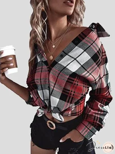 Women's Blouses Loose Button Long Sleeve Plaid Blouse