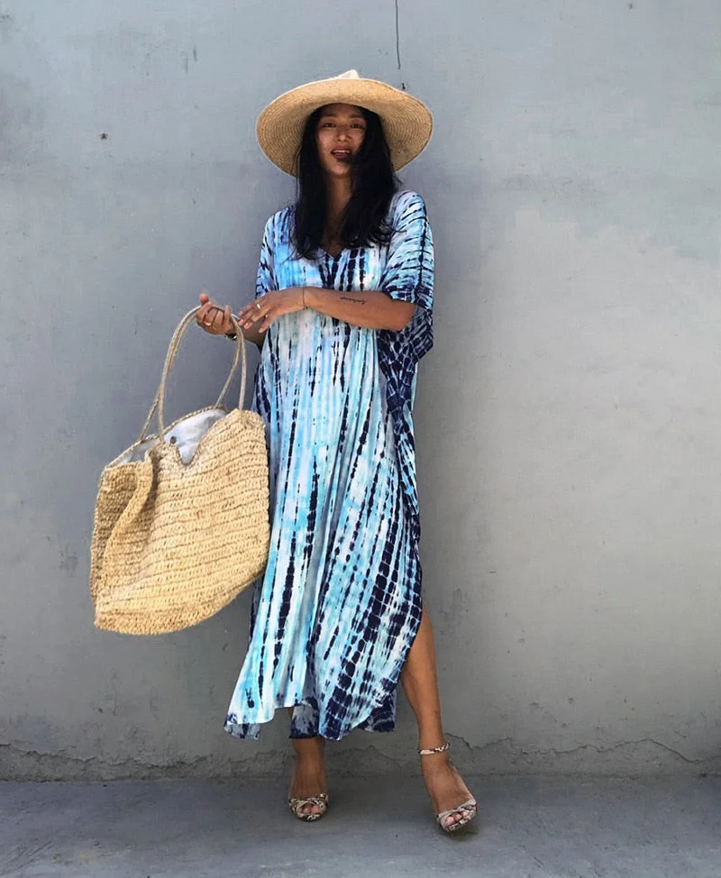 Fitshinling Halo Dyeing Vintage Beach Long Dress Women V Neck Oversize Robe Side Split Loose Kaftan Holiday Boho Maxi Dresses