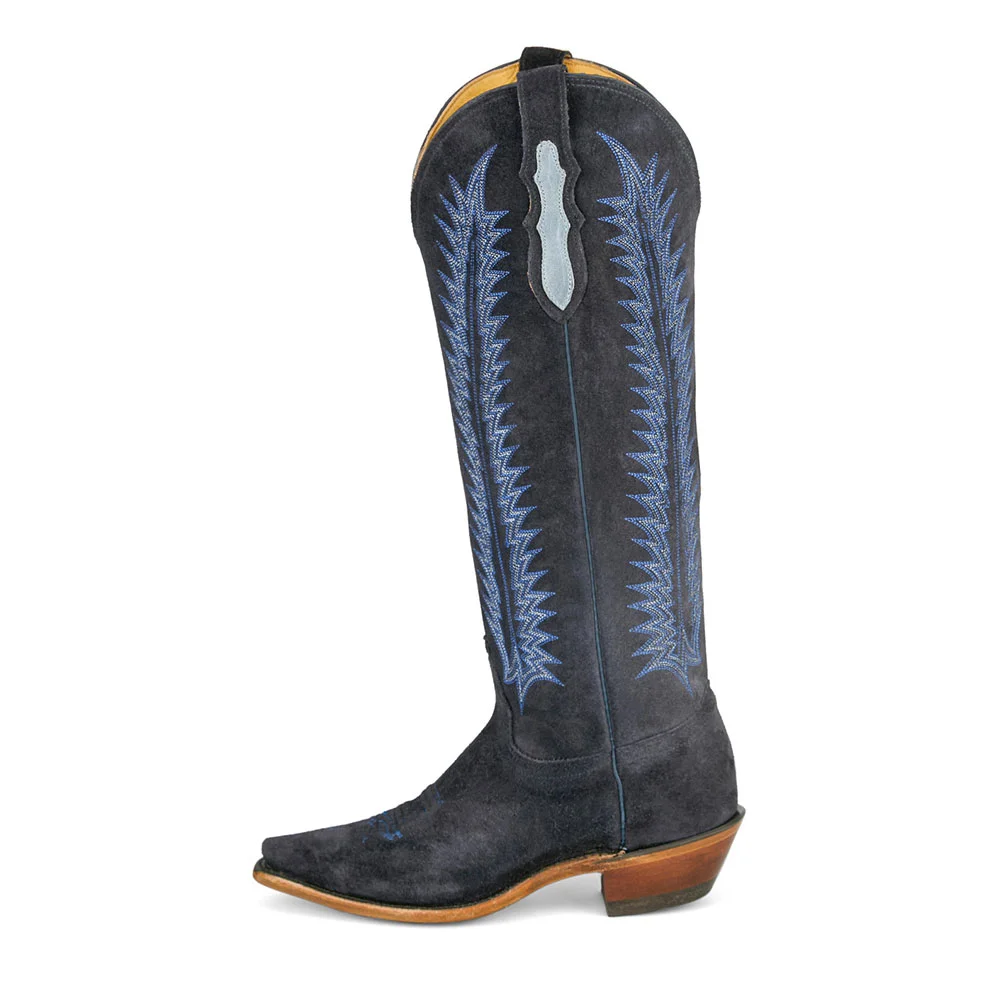 Dark Navy Vegan Suede Chunky Heel Embroidered Western Knee High Boots