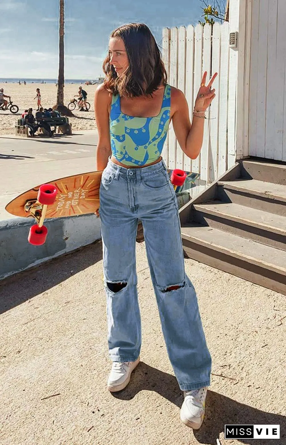 Ripped Wide Leg Jeans Pants