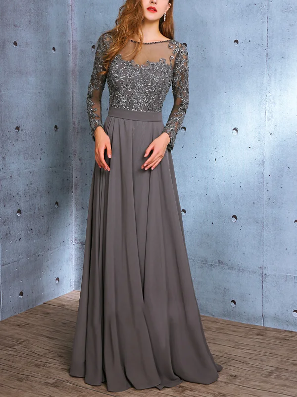 Round Neck Mesh Lace Solid Color Maxi Dress