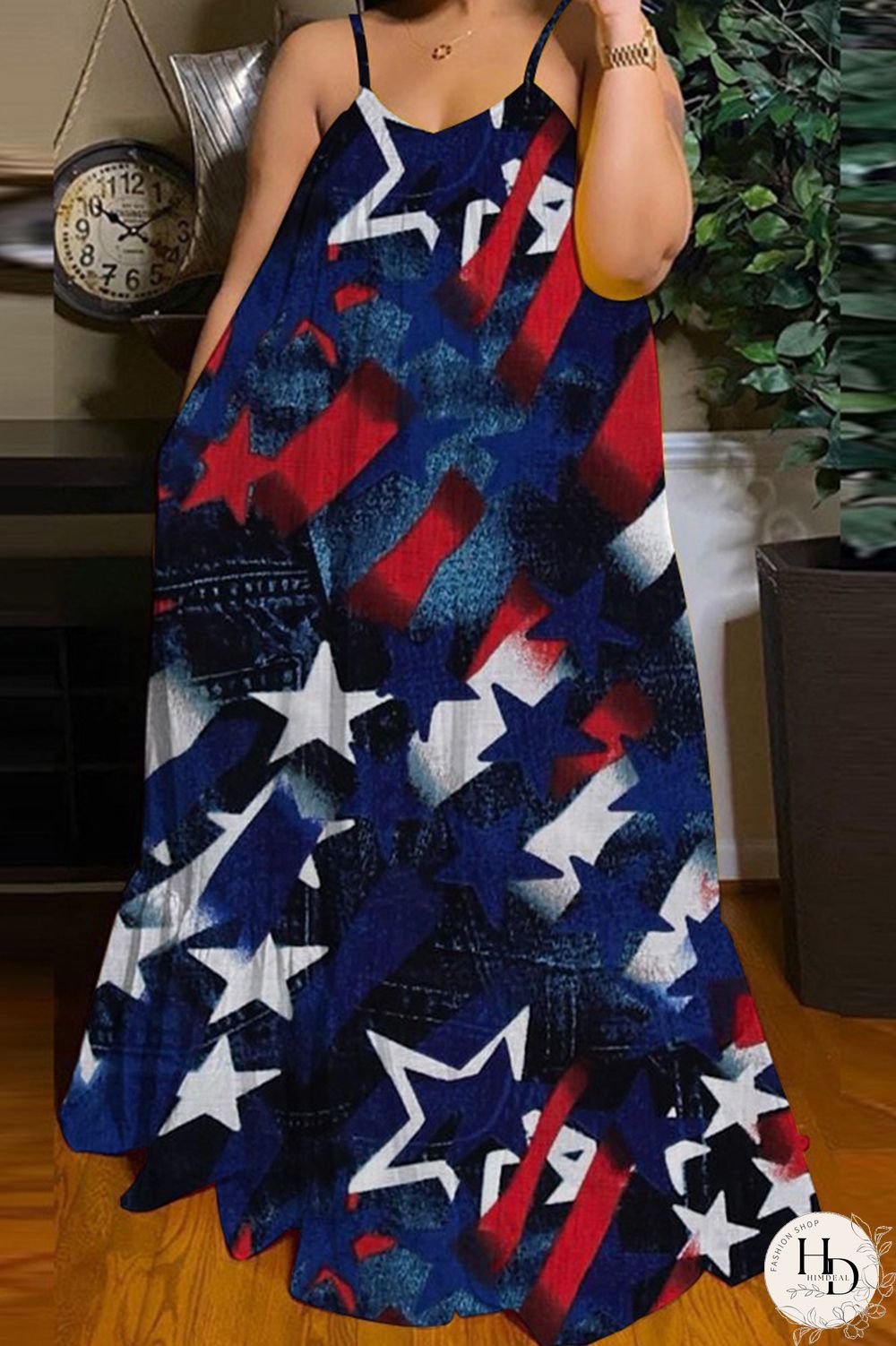 Blue White Fashion Casual Print Backless Spaghetti Strap Long Dress