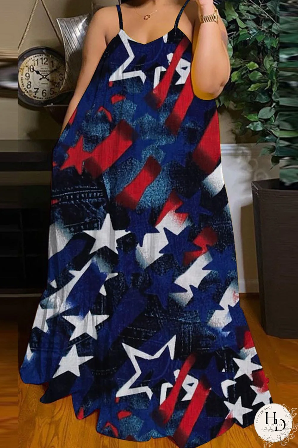 Blue White Fashion Casual Print Backless Spaghetti Strap Long Dress