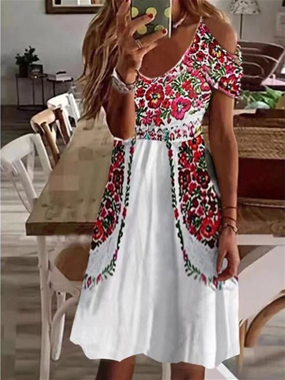 Women's Short Sleeve Scoop Neck Cold Shoulder Floral Printed Midi Dress