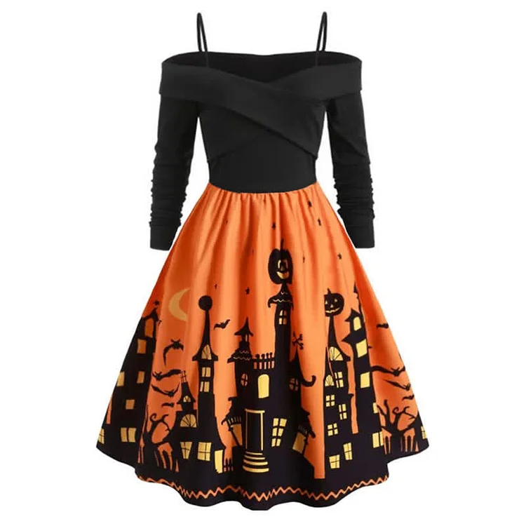 Plus Size Halloween Pumpkin Bat Print Off The Shoulder Dress - Modakawa Modakawa