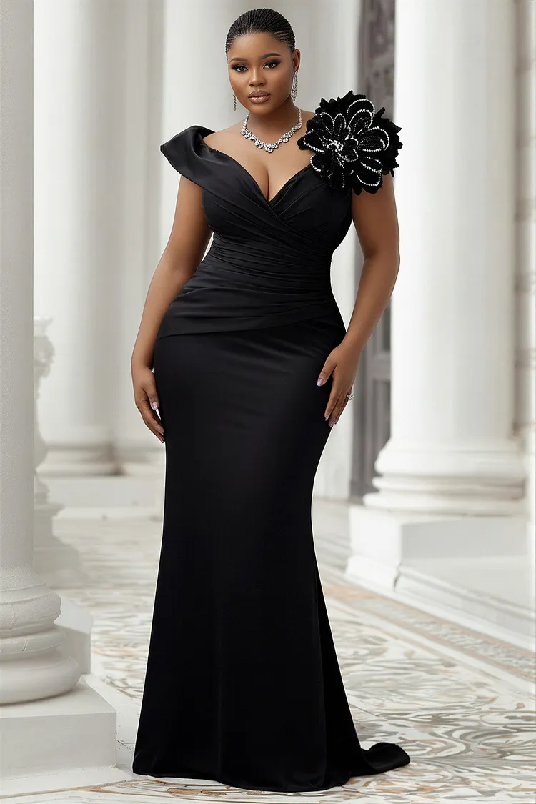 Xpluswear Design Plus Size Formal Black V Neck Cap Sleeve 3D Mermaid Satin Maxi Dresses [Pre-Order] 2024 - Xpluswear