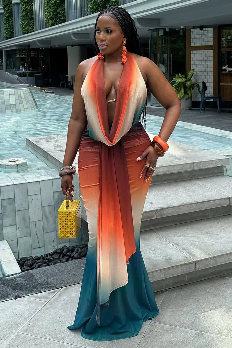 Halter Plunging Neck Sash Ombre Party Maxi Fishtail Dresses-Red [Pre Order]