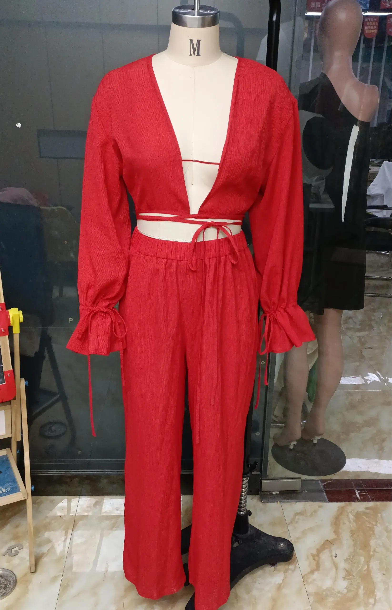 Autumn Solid Color Women Clothing V Neck Casual Sexy Suit Clothes