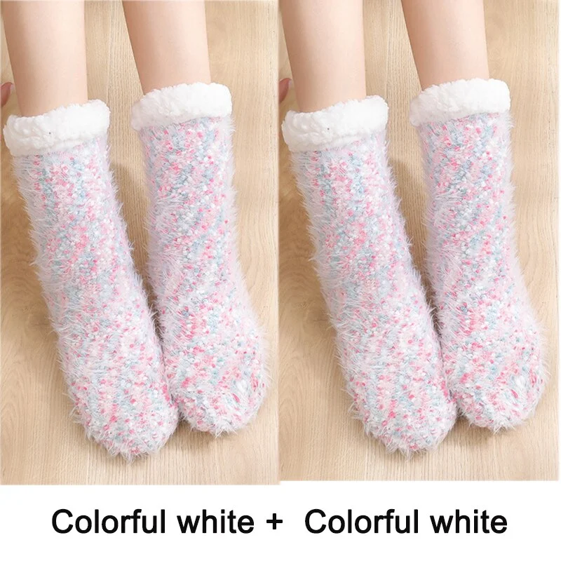 2PCS Warm Floor Socks Women Winter Socks Thick Plush Non-slip Female Sleeping Home Sox Christmas Gifts Harajuku Design for Girls
