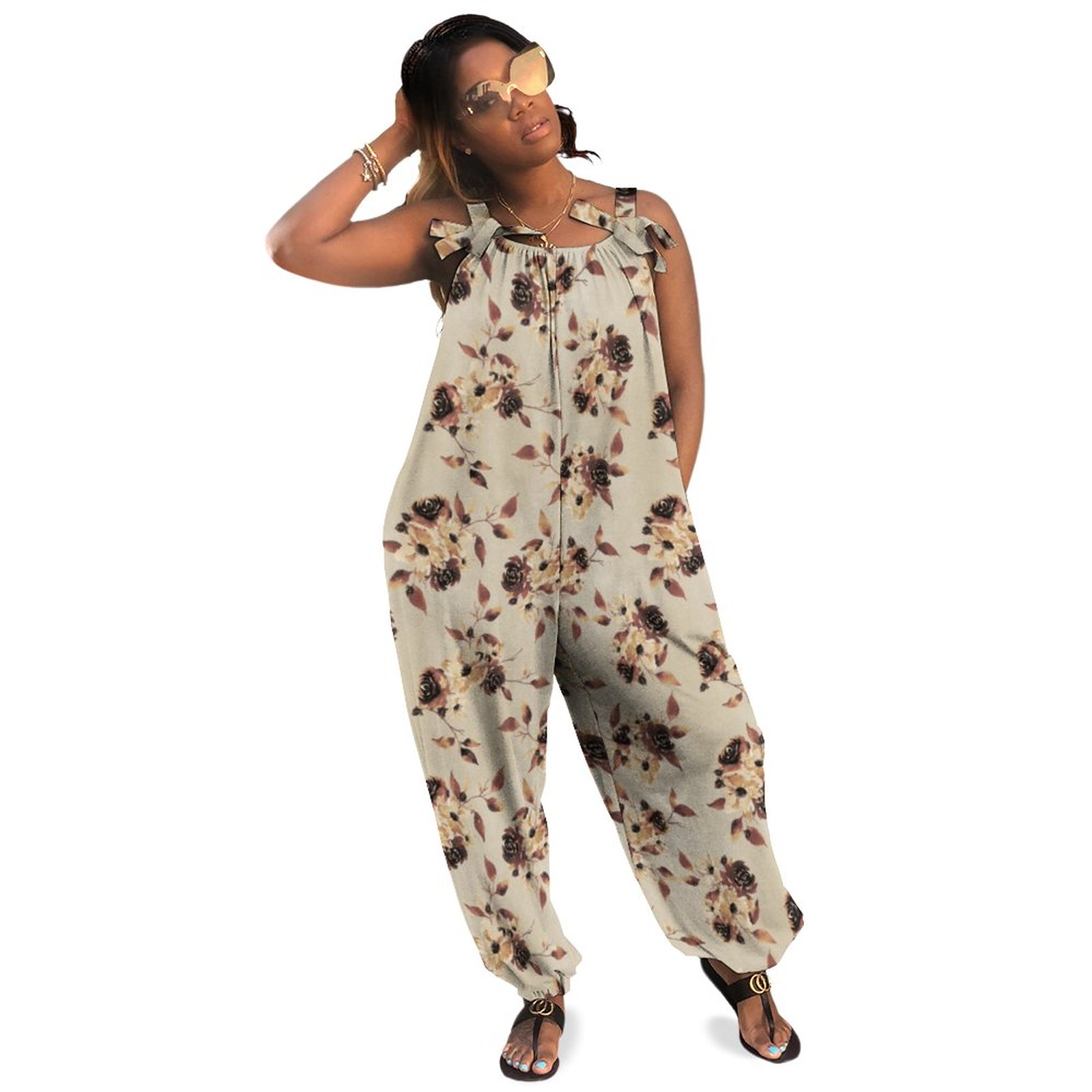 Fall Brown Floral Women Plus Size Jumpsuit Summer Loose Harem Pants Sleeveless Oversized Casual Evening Wear Sparkle Boho Natural Waist Polyester Spandex