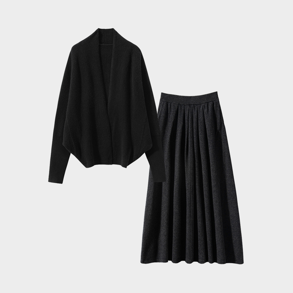 Women's Batwing Sleeve Black Cashmere Cardigan and Skirt Set | Casual Wear REAL SILK LIFE