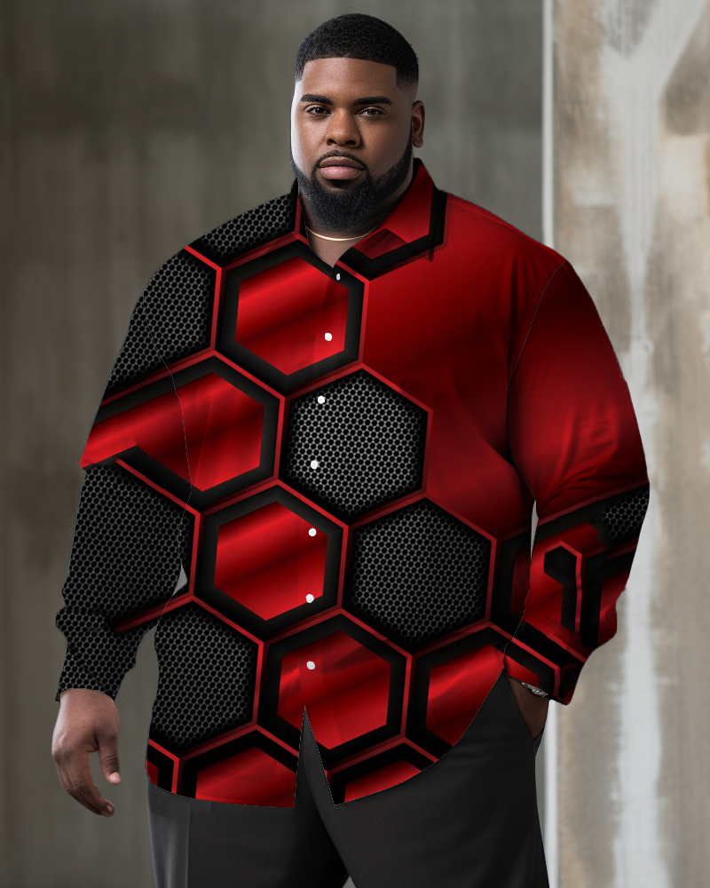 Men's Large Size Casual Color Block Hexagon Long Sleeve Lapel Long Sleeve Shirt