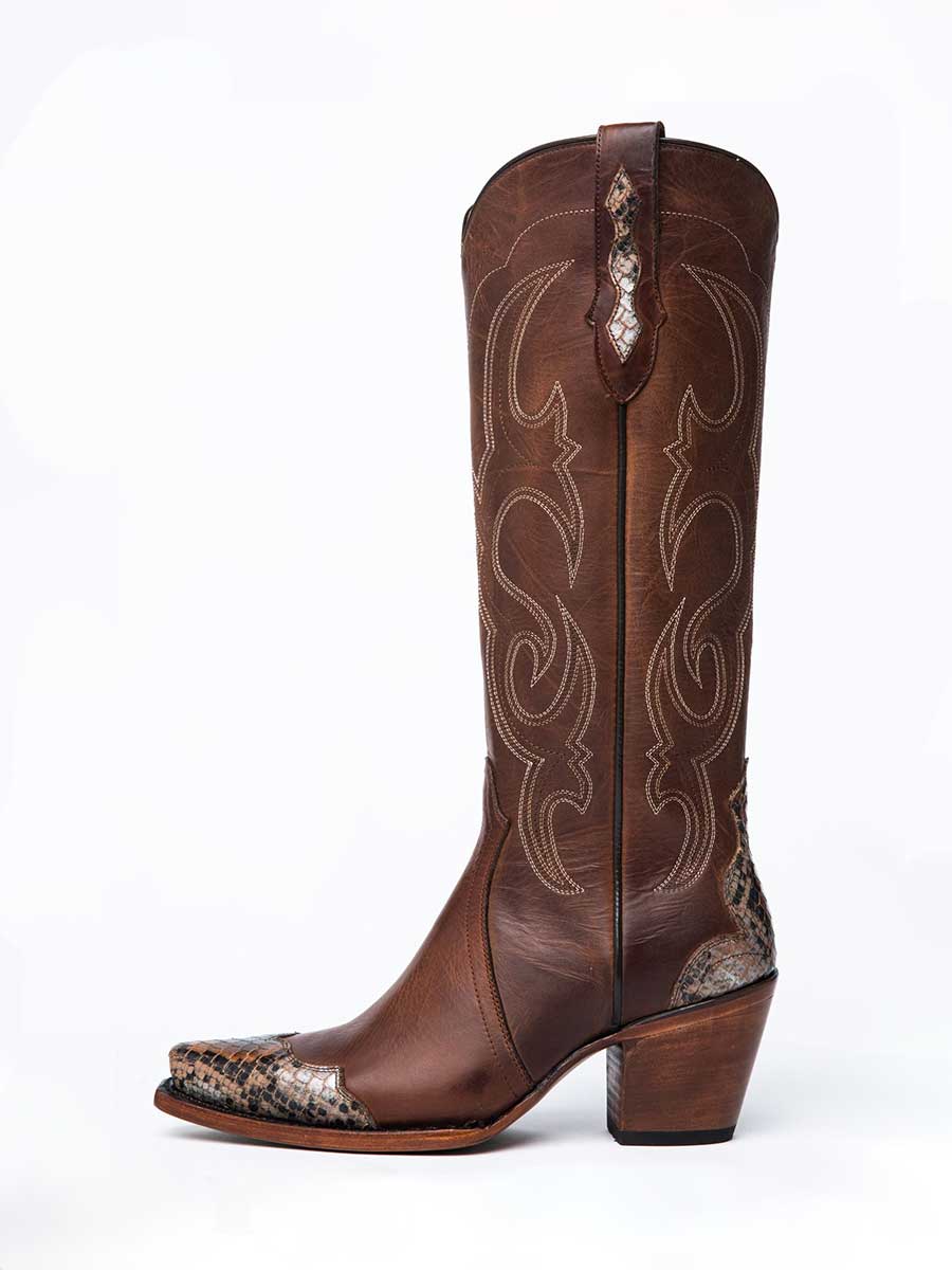 Brown Vegan Leather Snip Toe Snake Skin Embroidered Knee High Cowgirl Boots