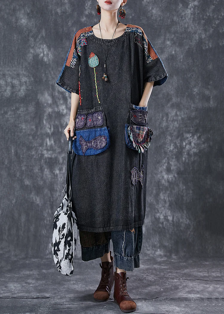 Vintage Black Embroideried Patchwork Applique Denim Maxi Dresses Summer