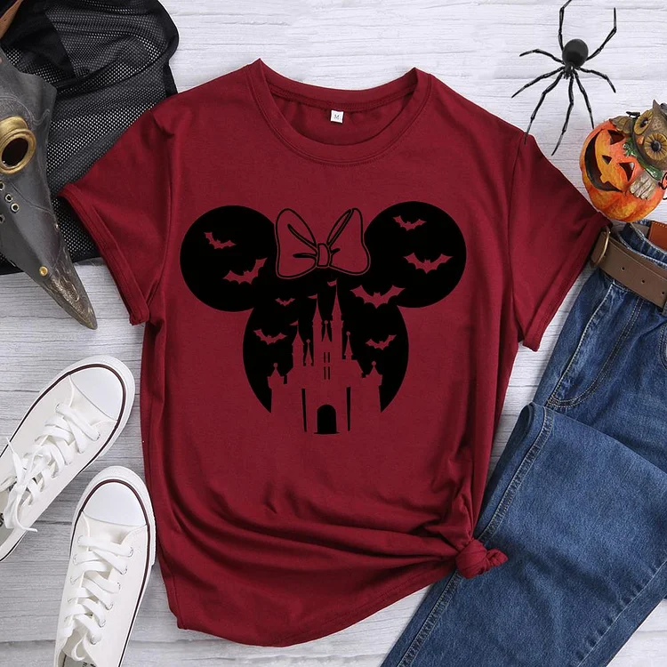 Halloween Mickey Castle Round Neck T-shirt-0019092