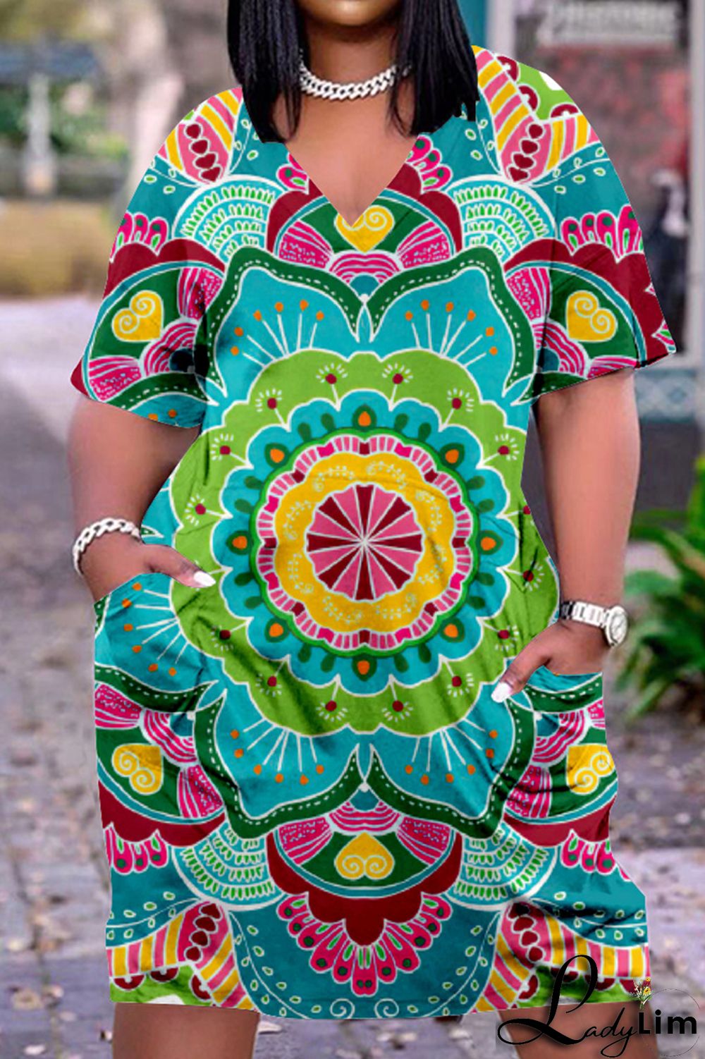 Colour Fashion Casual Print Basic V Neck Short Sleeve Dress